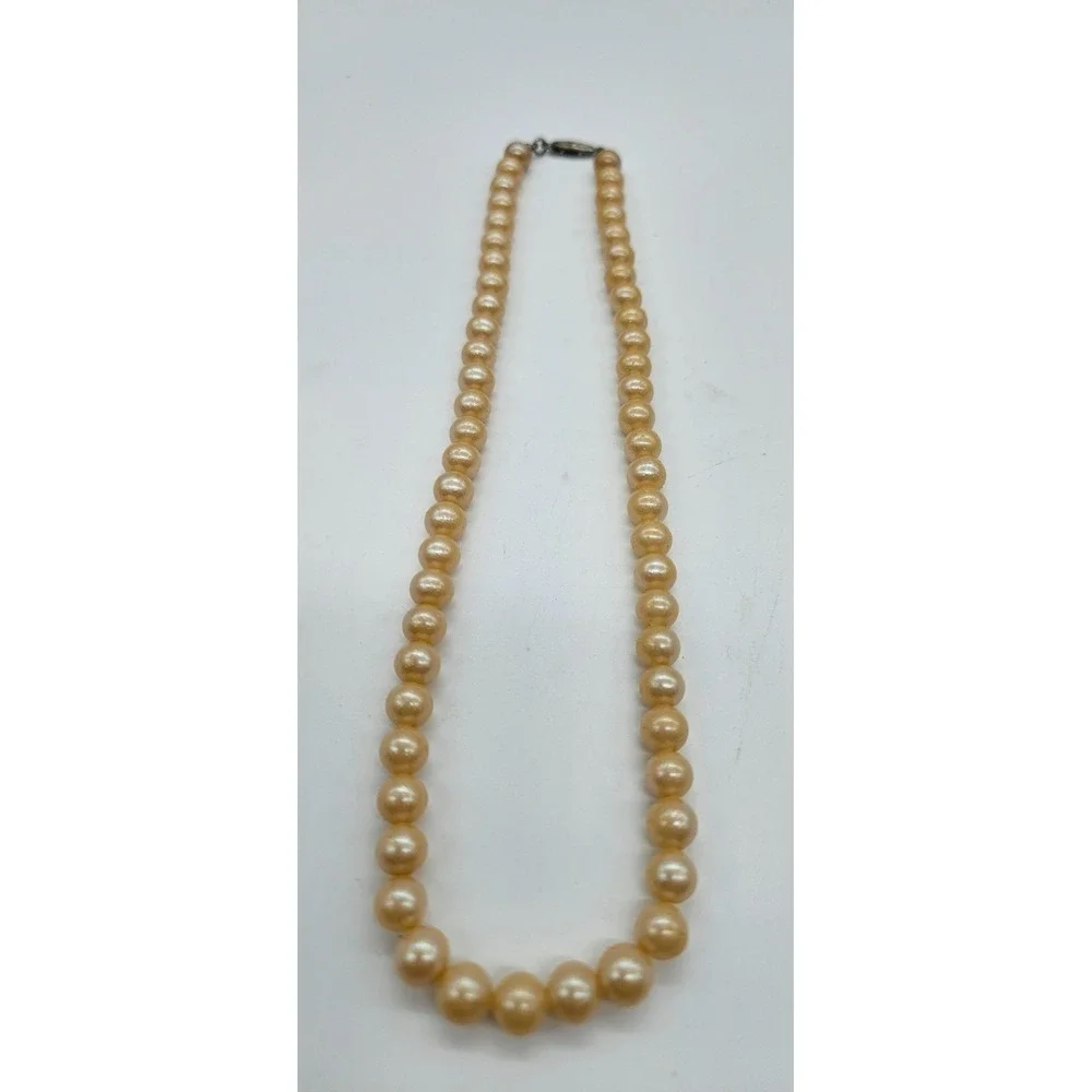 Vintage Japan Faux Pearl Necklace Champagne Single Strand Knotted Choker 15